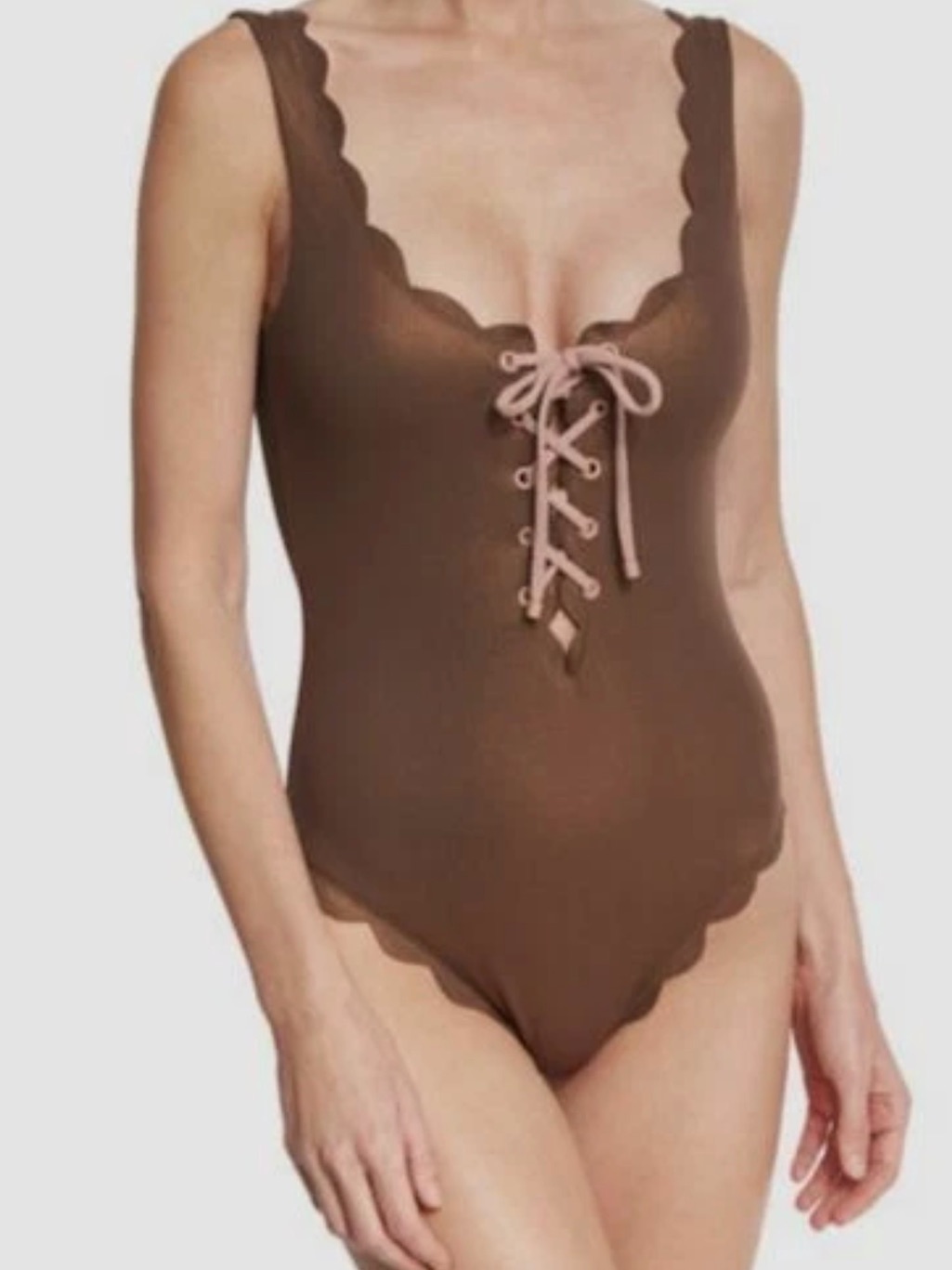 Marysia Palm Springs Tie Maillot One Piece Swimsuit Brown Pink Scalloped $389